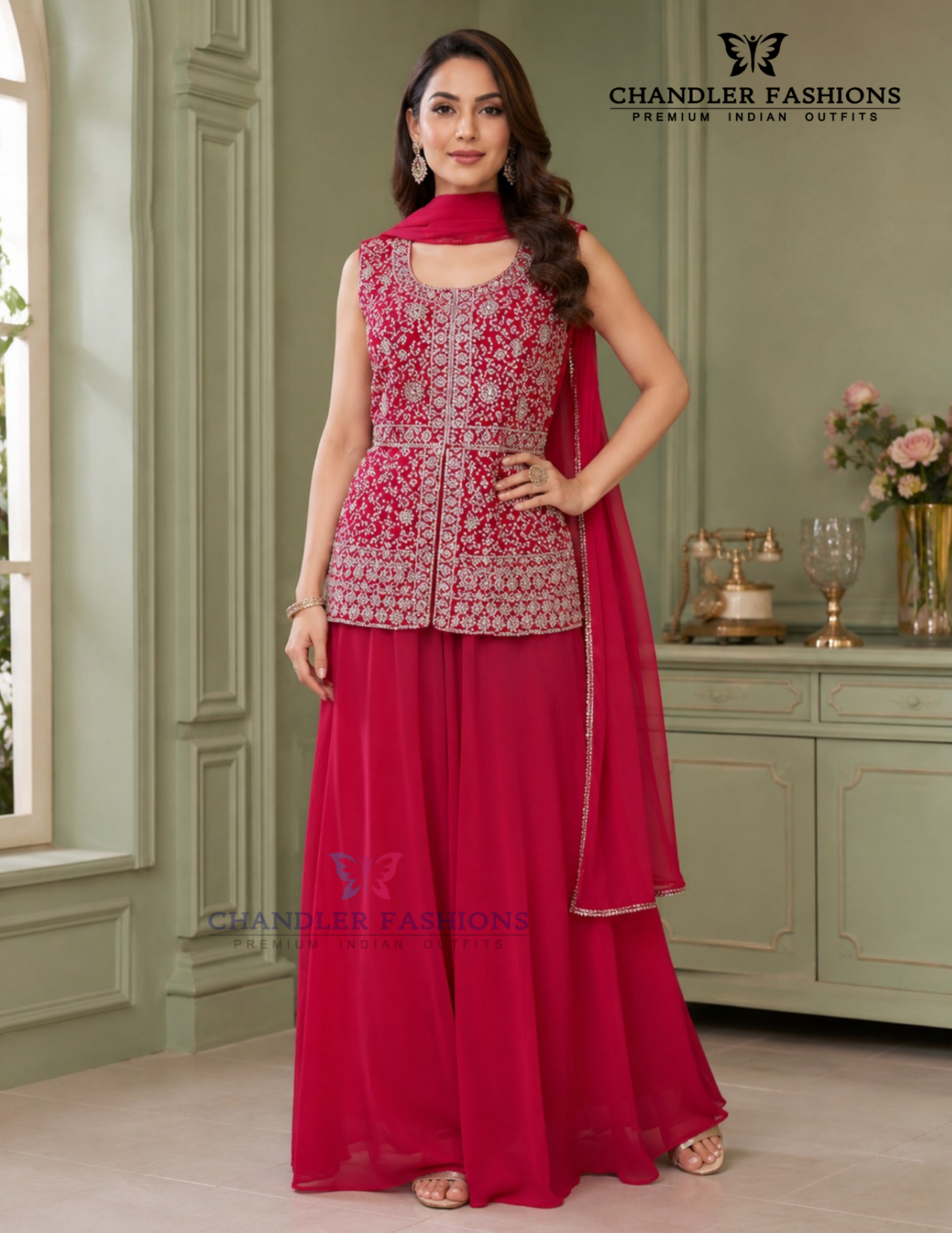 Beautiful Red Color Georgette With Embroidery And Sequins Work Sharara Suit For Women