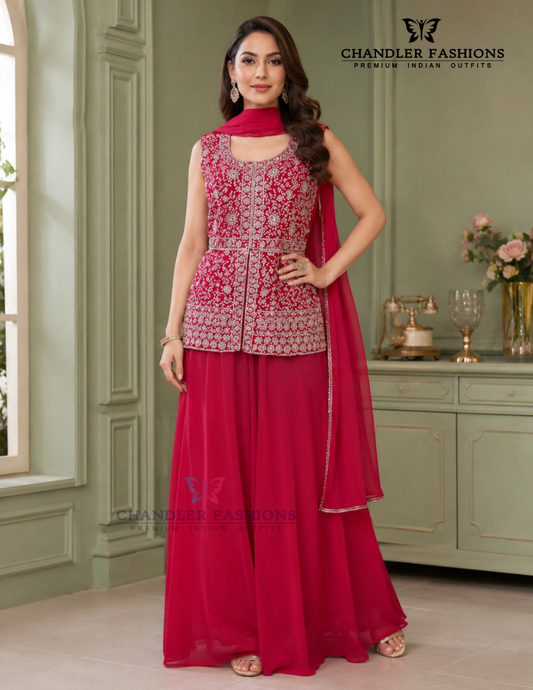 Beautiful Red Color Georgette With Embroidery And Sequins Work Sharara Suit For Women