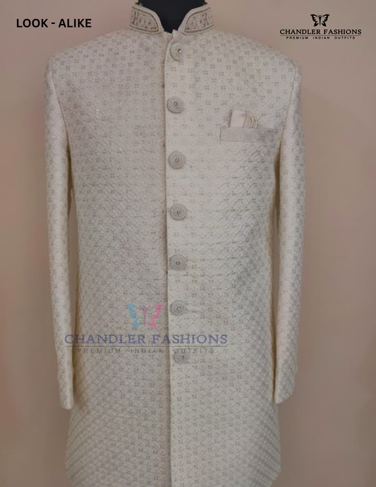 Amazing Cream Color With Hand Embroidery And Sequins Work Silk Sherwani Suit For Men - PREMIUM QUALITY