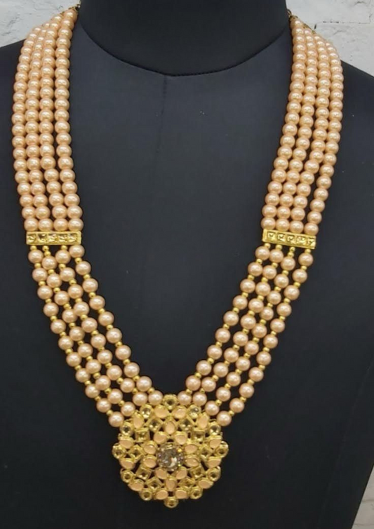 Alluring Peach Color Festive Wear Pearl Beaded Men's Mala 