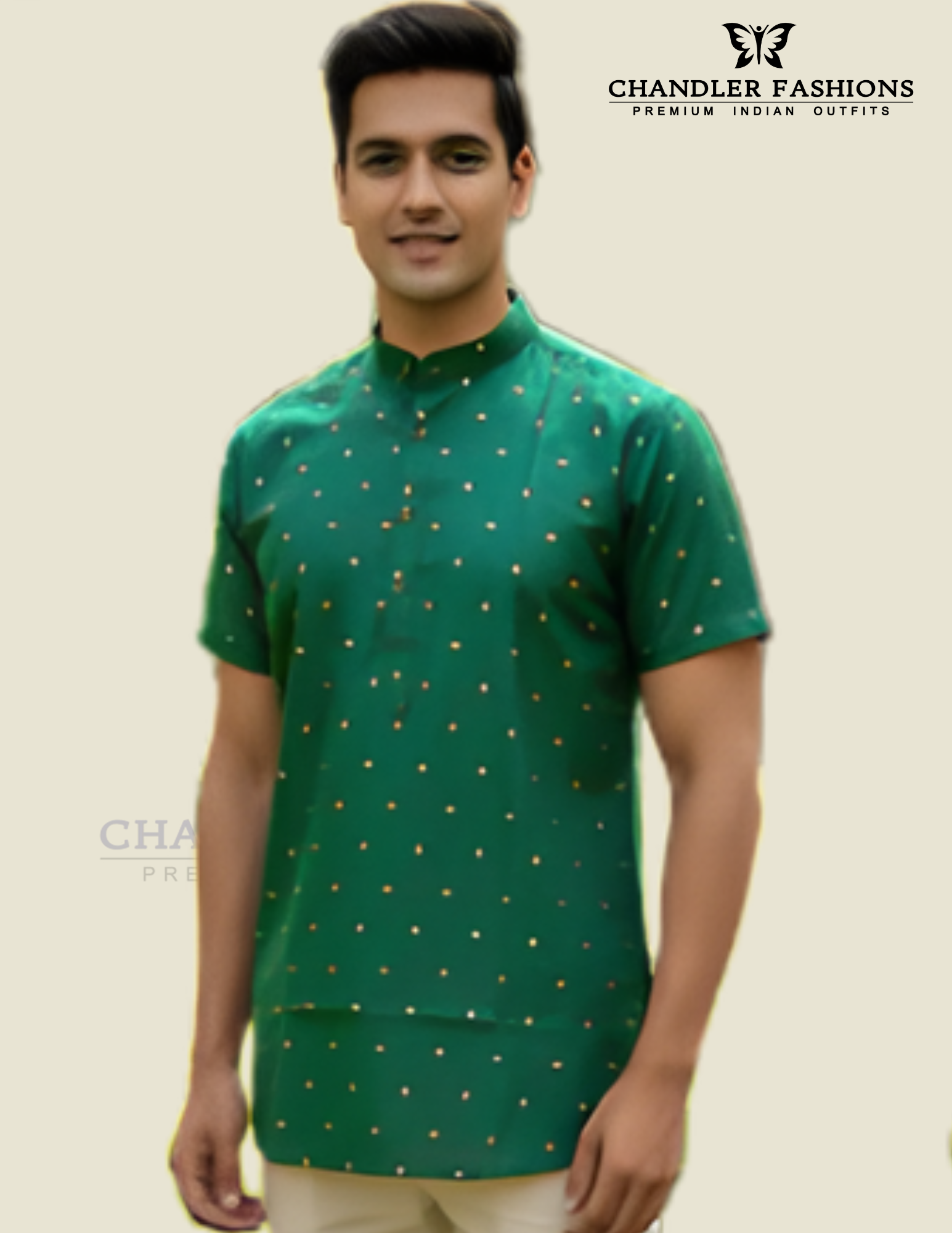 Gorgeous Green Color Silk Cotton Short Kurta For Men