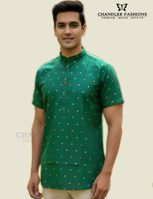 Gorgeous Green Color Silk Cotton Short Kurta For Men