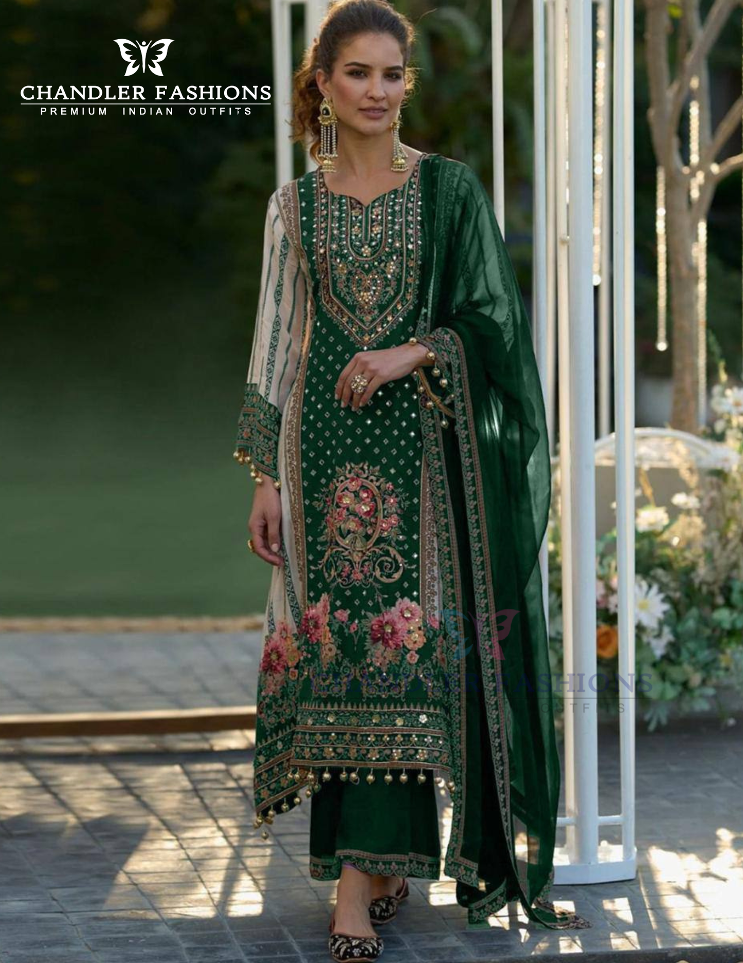 Alluring Green Color Sheer With Printed And Fancy Embroidery Mirror Work Palazzo Suits