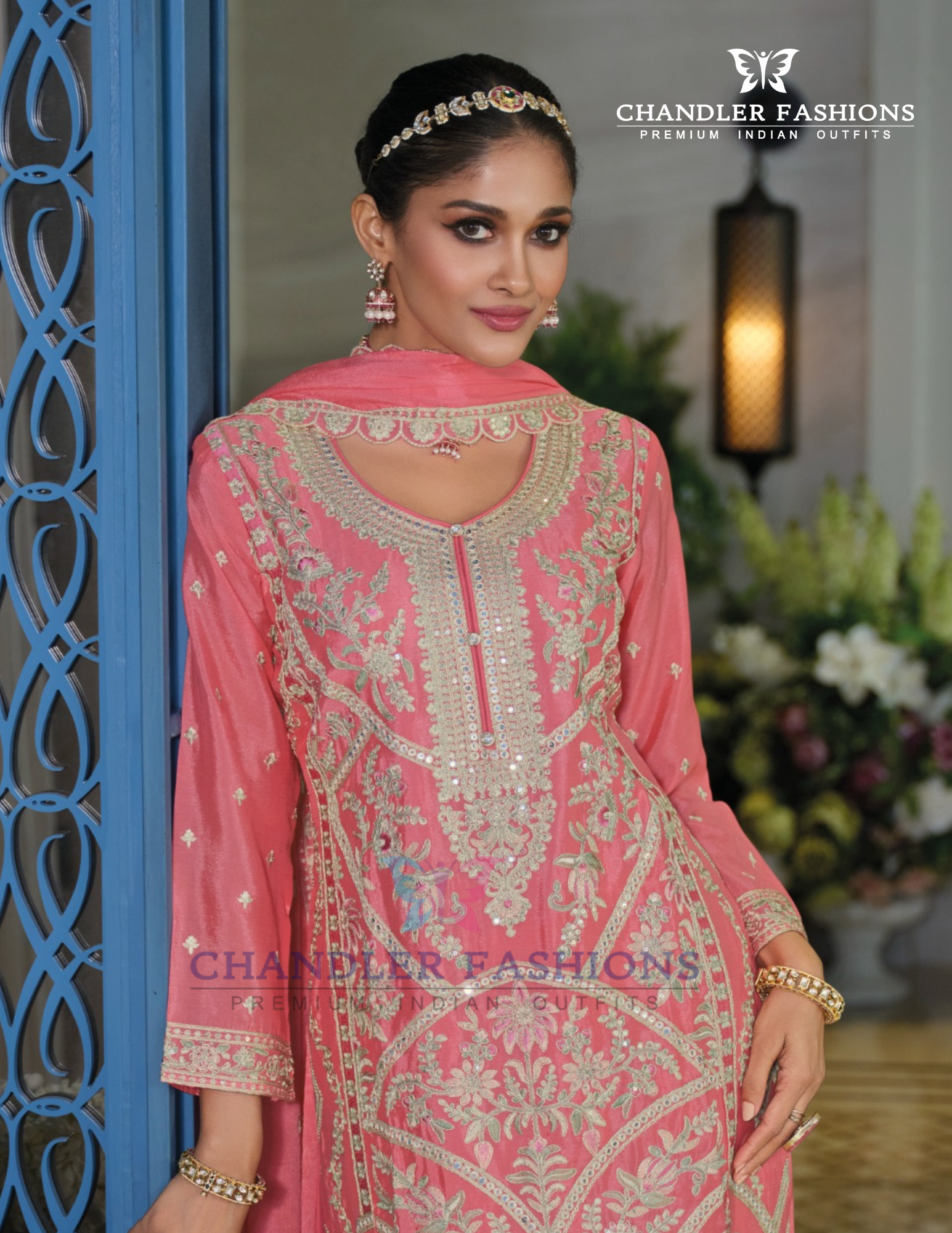 Pink Color Chinon Embroidery Work Kurti With Palazzo Pant And Dupatta Near Me