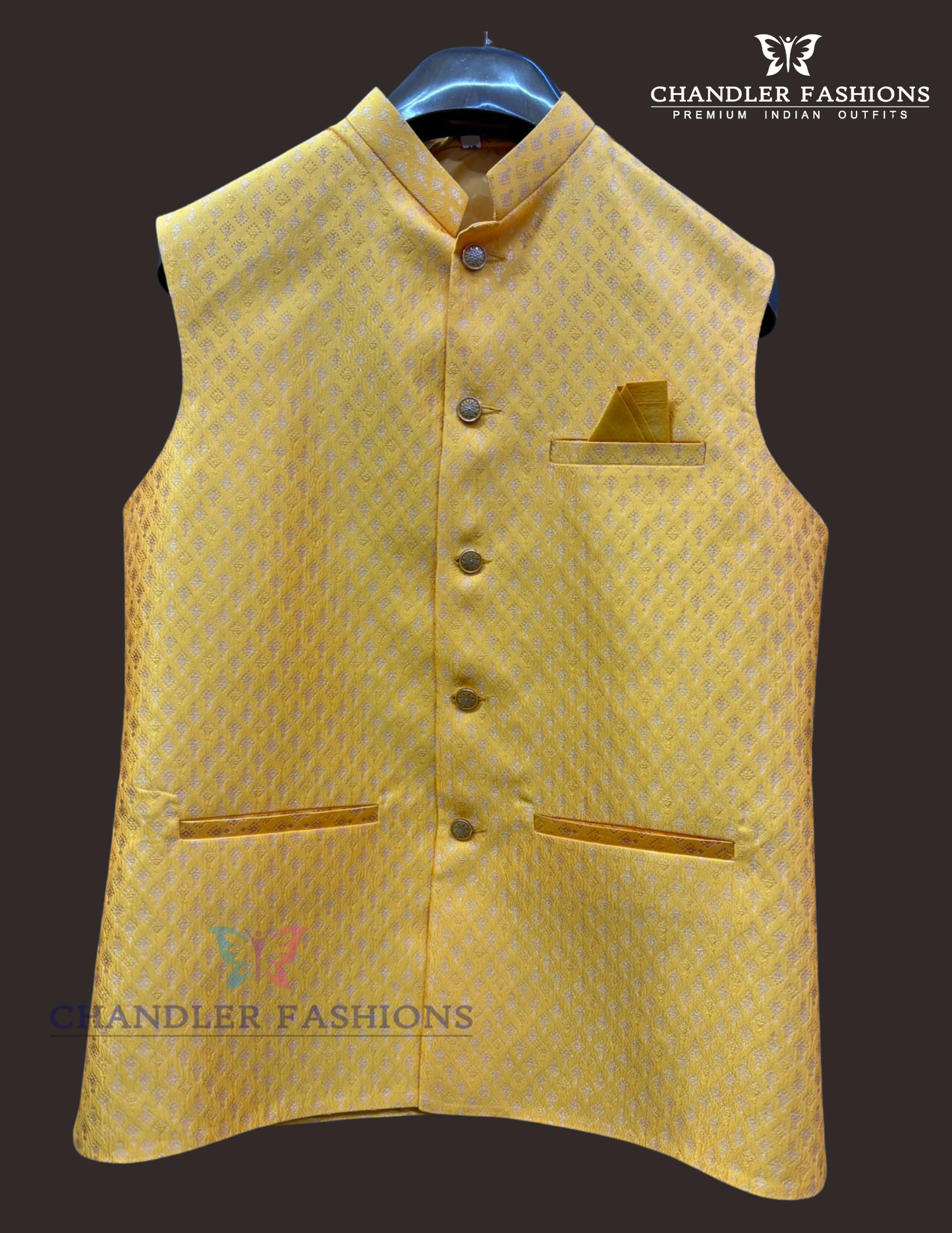Stunning Yellow Color Velvet Men's Jacket With Self Design