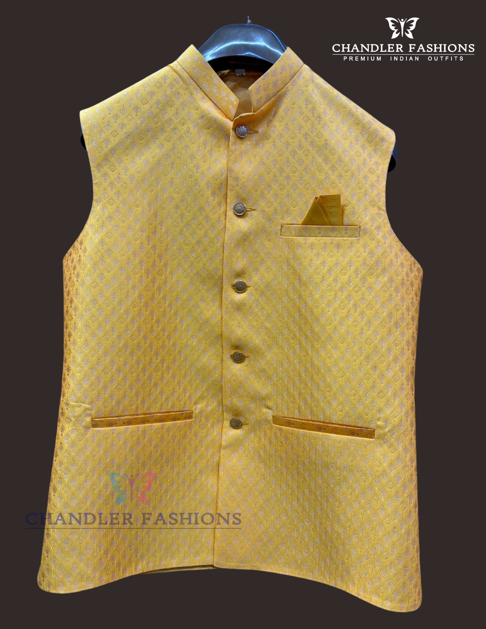 Stunning Yellow Color Velvet Men's Jacket With Self Design