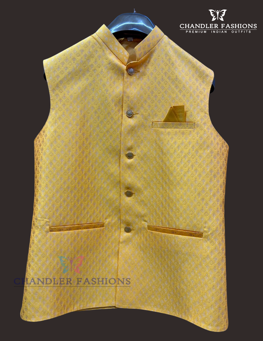 Stunning Yellow Color Velvet Men's Jacket With Self Design