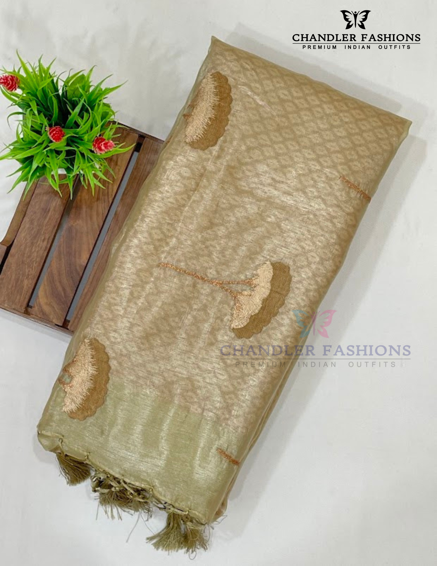 Appealing Beige Color Organza Saree For Women Near Me