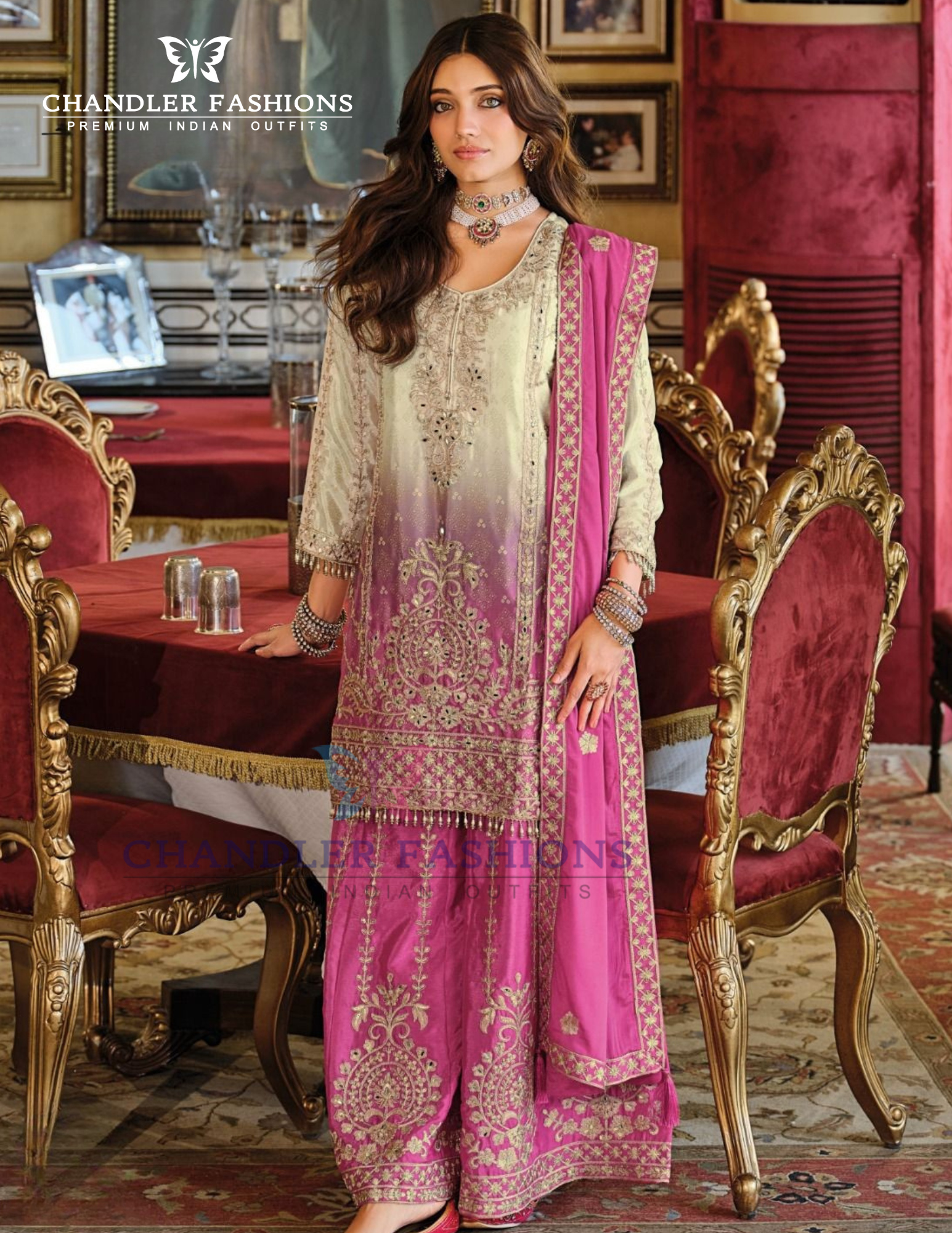 Charming Pink Color Chinon With Digital Print And Embroidery Work Palazzo Suits For Women