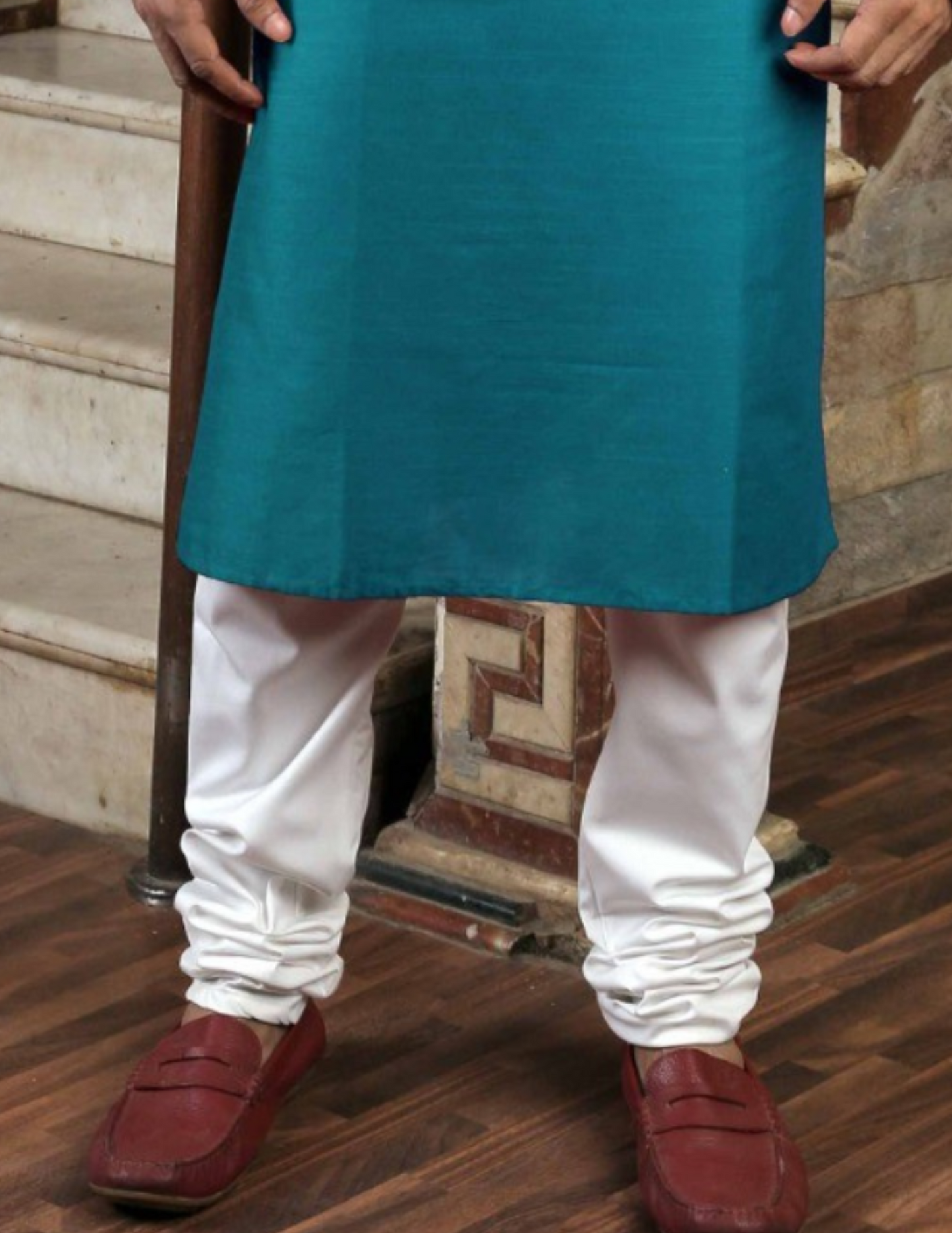 Beautiful Teal Blue Color Neck Embroidery Work Slub Silk Men's Kurta With Pajama Set