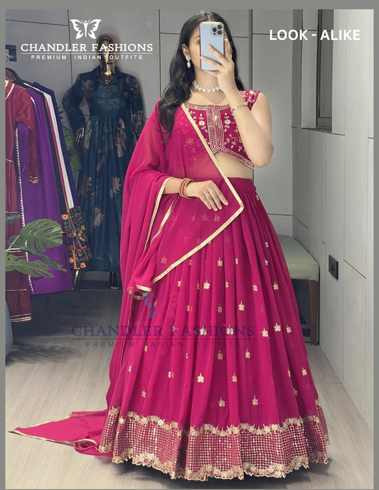 Wonderful Pink Color Georgette With Embroidery And Sequins Work Lehenga Choli With Dupatta For Women