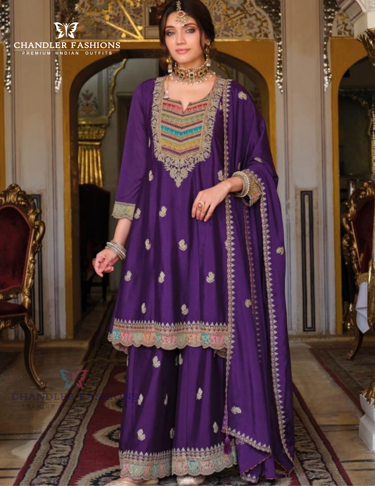 Ravishing Dark Violet Color Heavy Chinon Palazzo Suits With Embroidery Work Near Me
