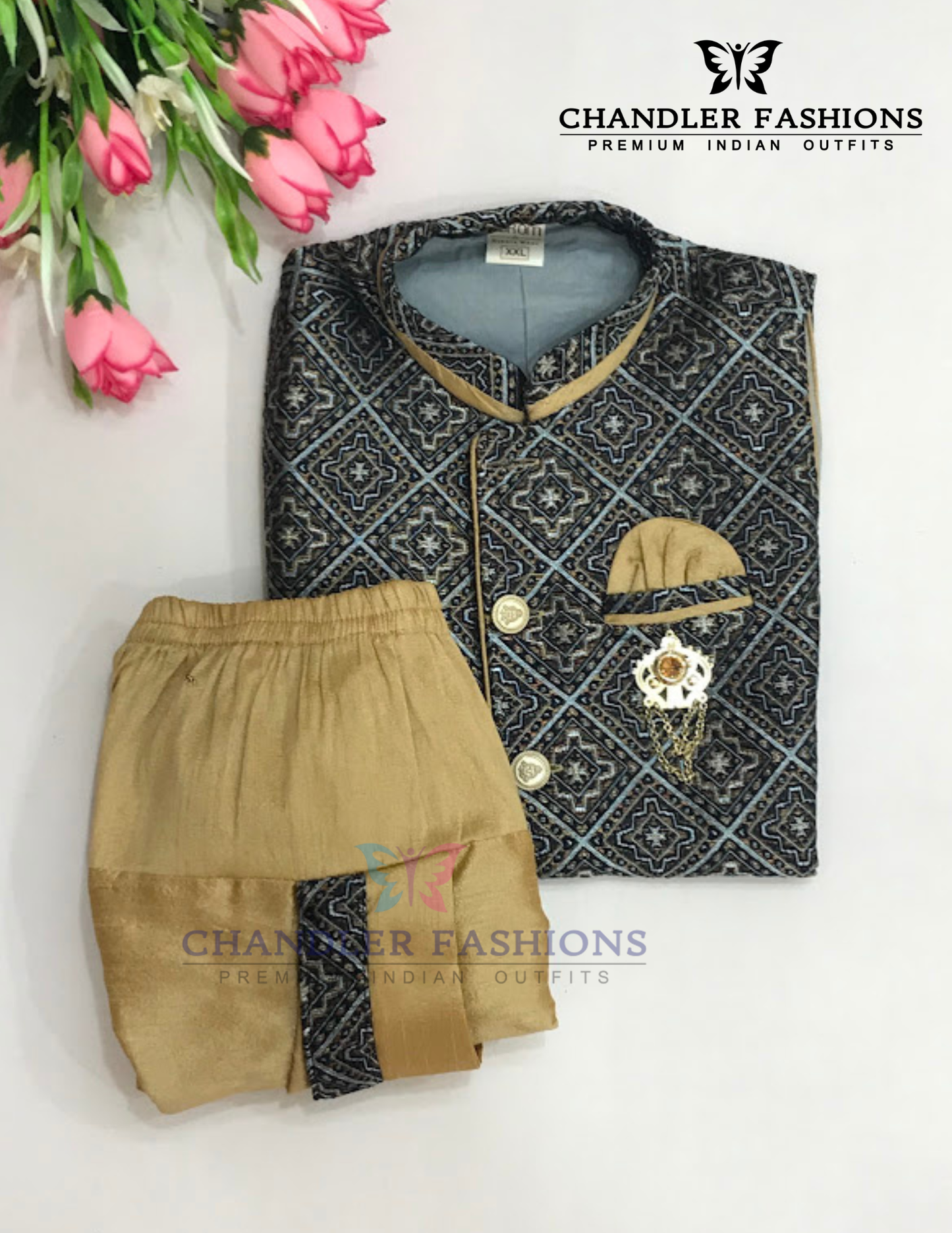 Blue Color Silk Cotton Sherwani Suit With Brooch Pin Near Me