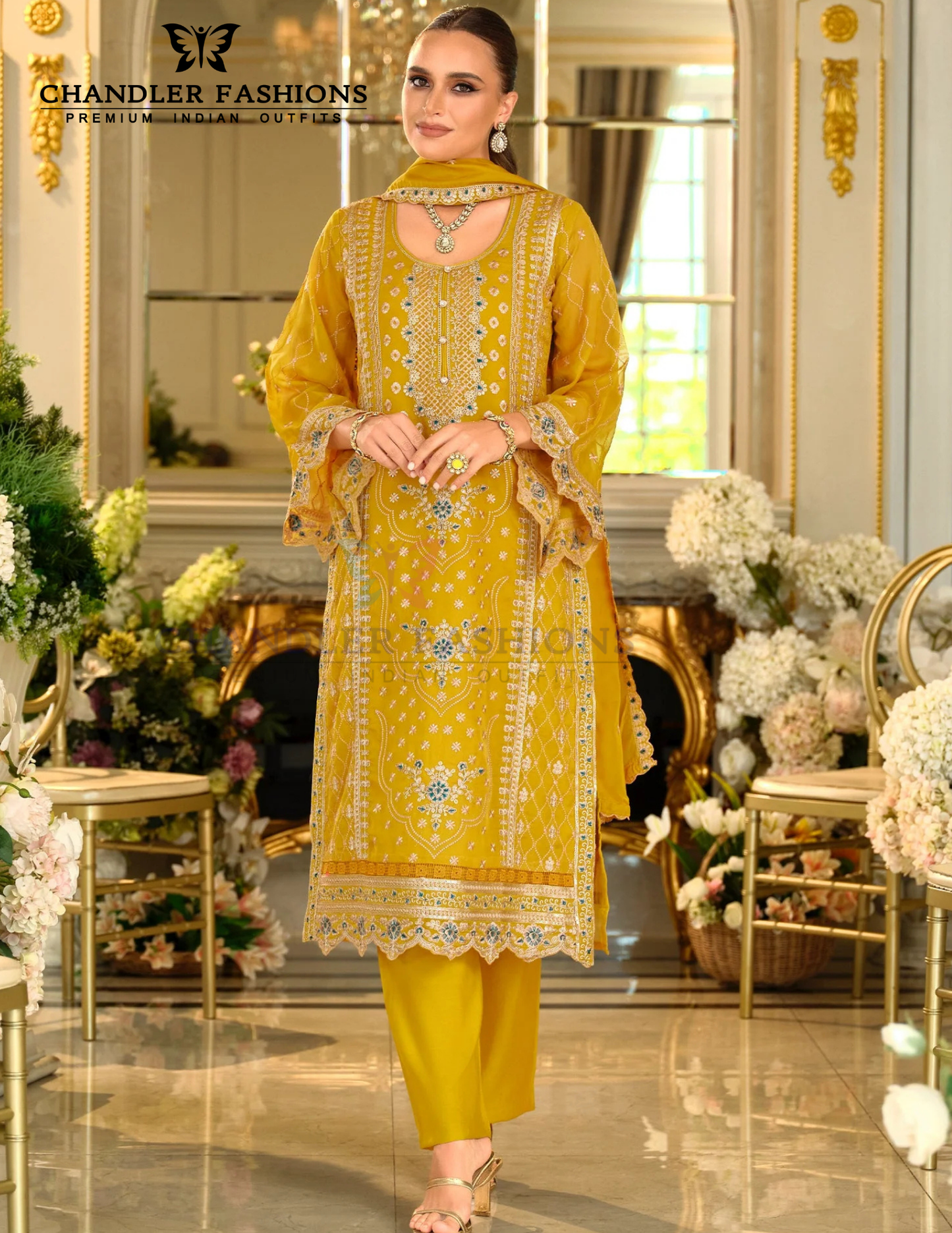 Elegant Mustard Yellow Color Soft Organza With Embroidery Work Salwar Suits Near Me