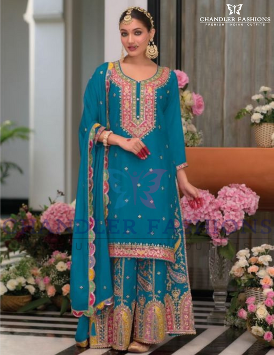 Beautiful Blue Color Chinon Embroidery Work Palazzo Suits With Dupatta