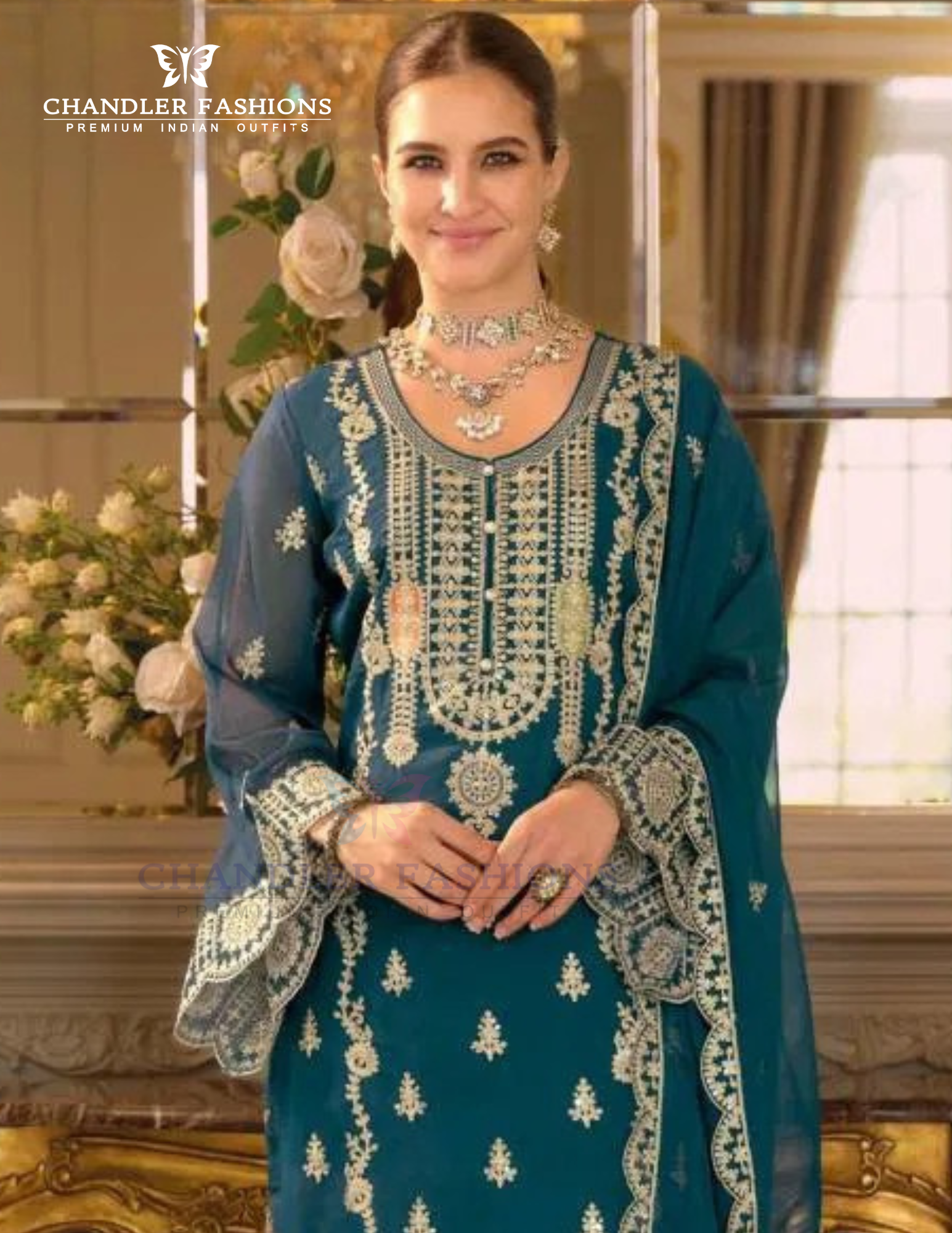 Teal Blue Color Organza Embroidery Work Salwar Suits Near Me