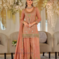 Peach Color Chinon With Embroidery And Sequins Work Palazzo Suit With Dupatta Near Me