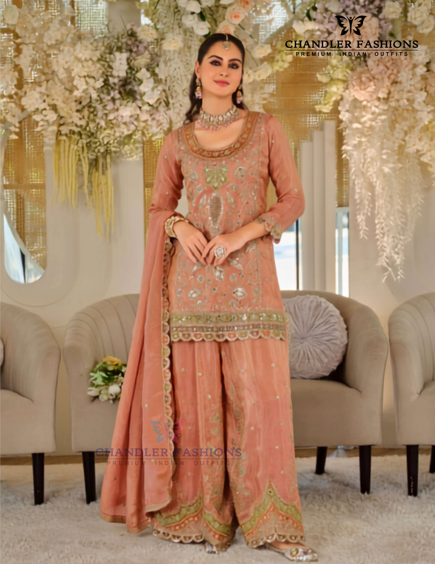 Peach Color Chinon With Embroidery And Sequins Work Palazzo Suit With Dupatta Near Me