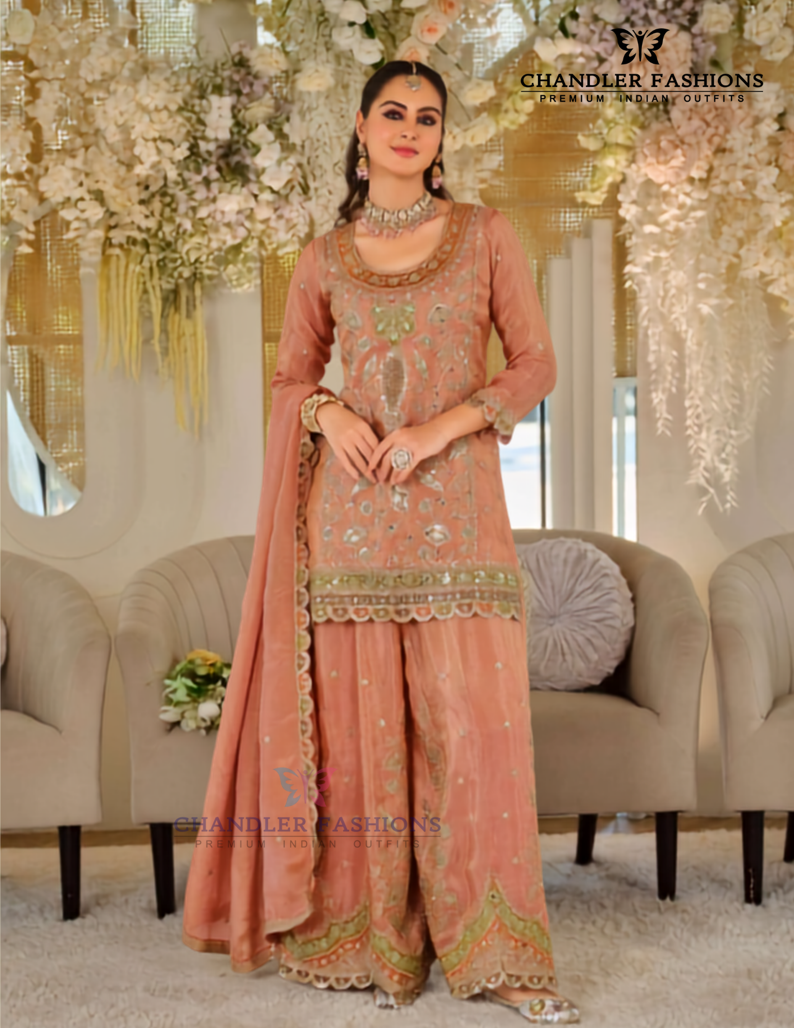 Peach Color Chinon With Embroidery And Sequins Work Palazzo Suit With Dupatta Near Me