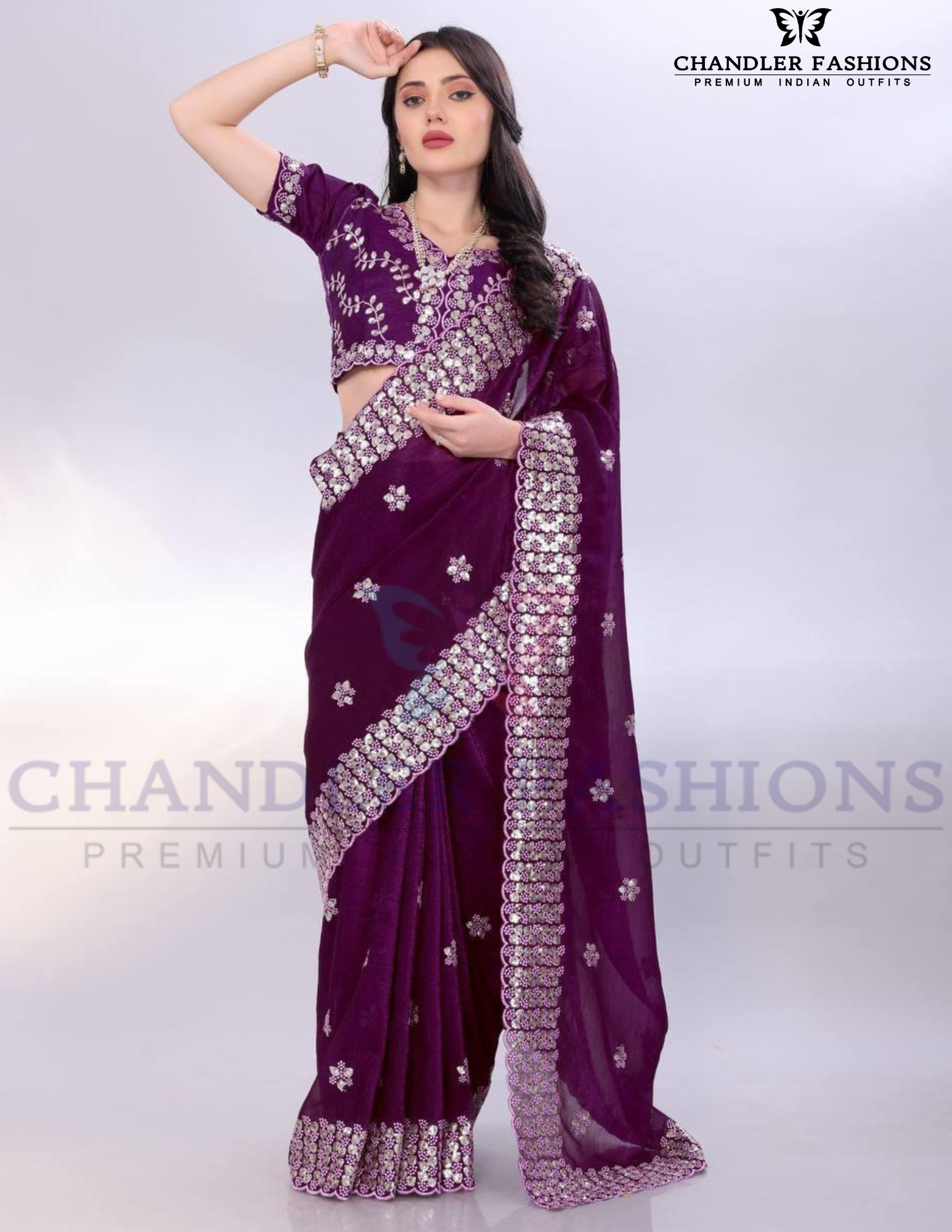 Pretty Purple Color Gold Tussar Sequins Saree With Embroidery Work