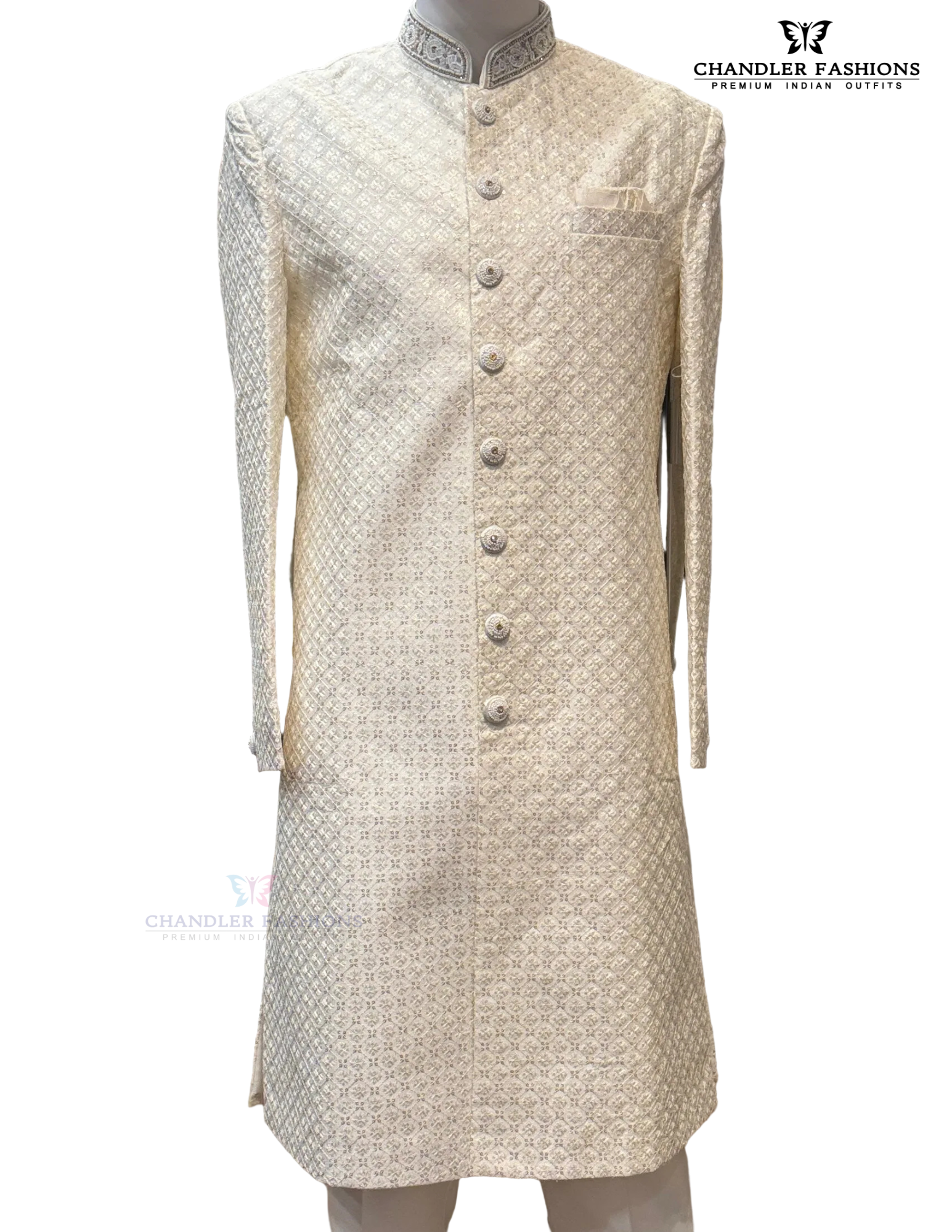 Cream Color With Hand Embroidery And Sequins Work Silk Sherwani Near Me