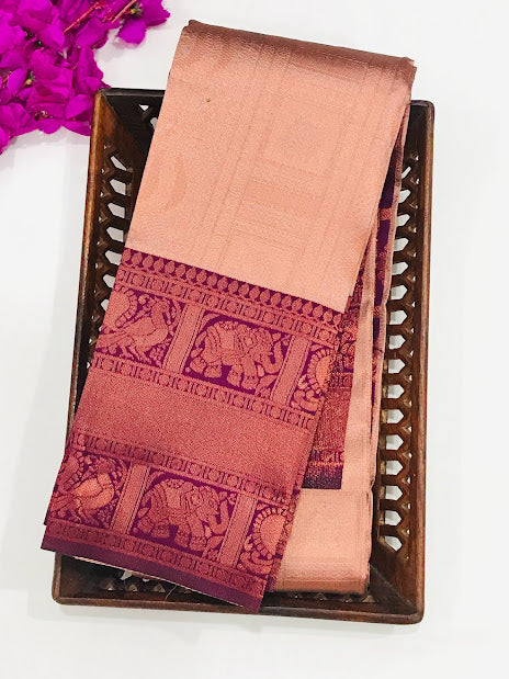 Elegant Peach Color Art Silk Saree With Brocades And Contrast Rich Pallu