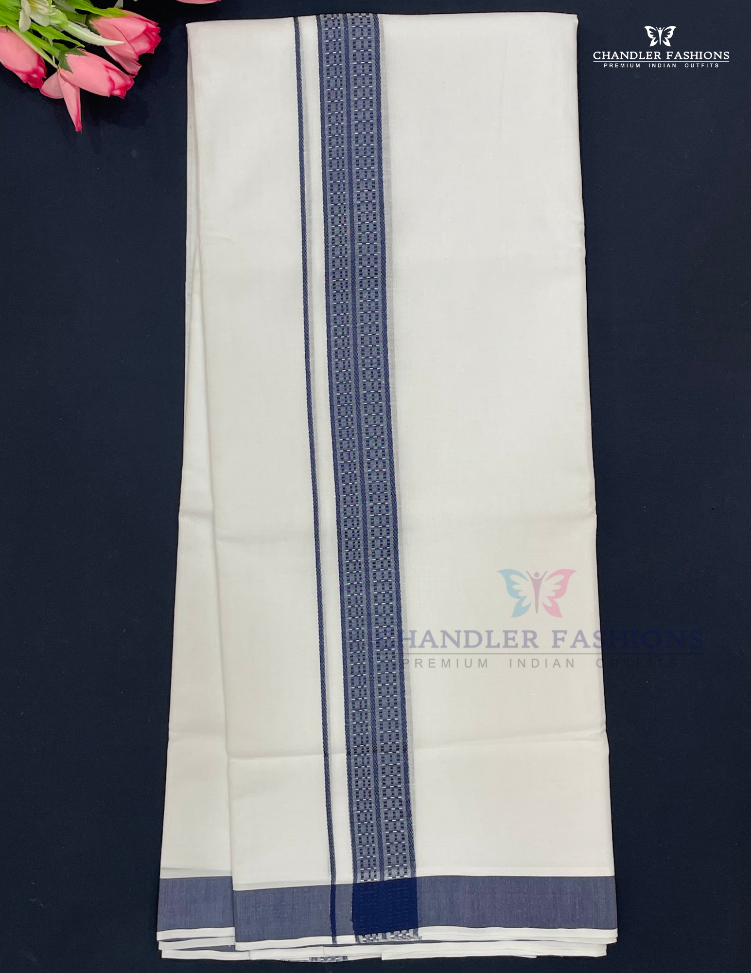 Men's White Color Cotton Dhoti With Blue Border Near Me