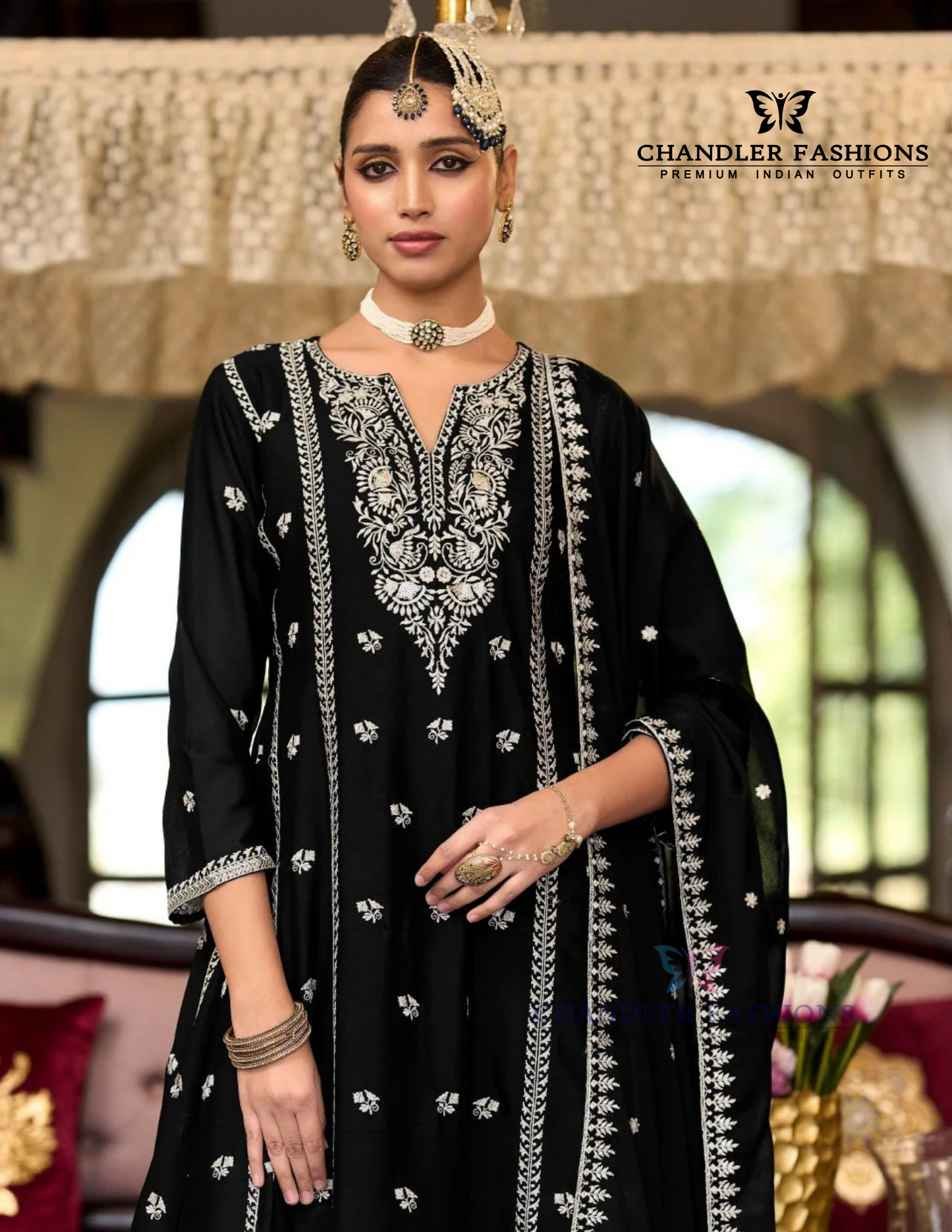 Black Color Heavy Chinon With Embroidery Work Salwar Suits In Mesa