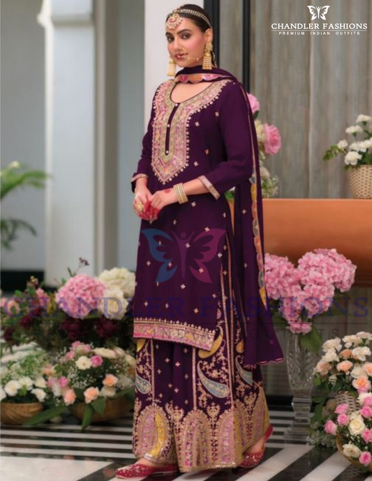 Beautiful Purple Color Chinon Embroidery Work Palazzo Suits With Dupatta