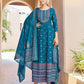 Appealing Teal Blue Colored Printed Work Rayon Kurti With Dupatta For Women