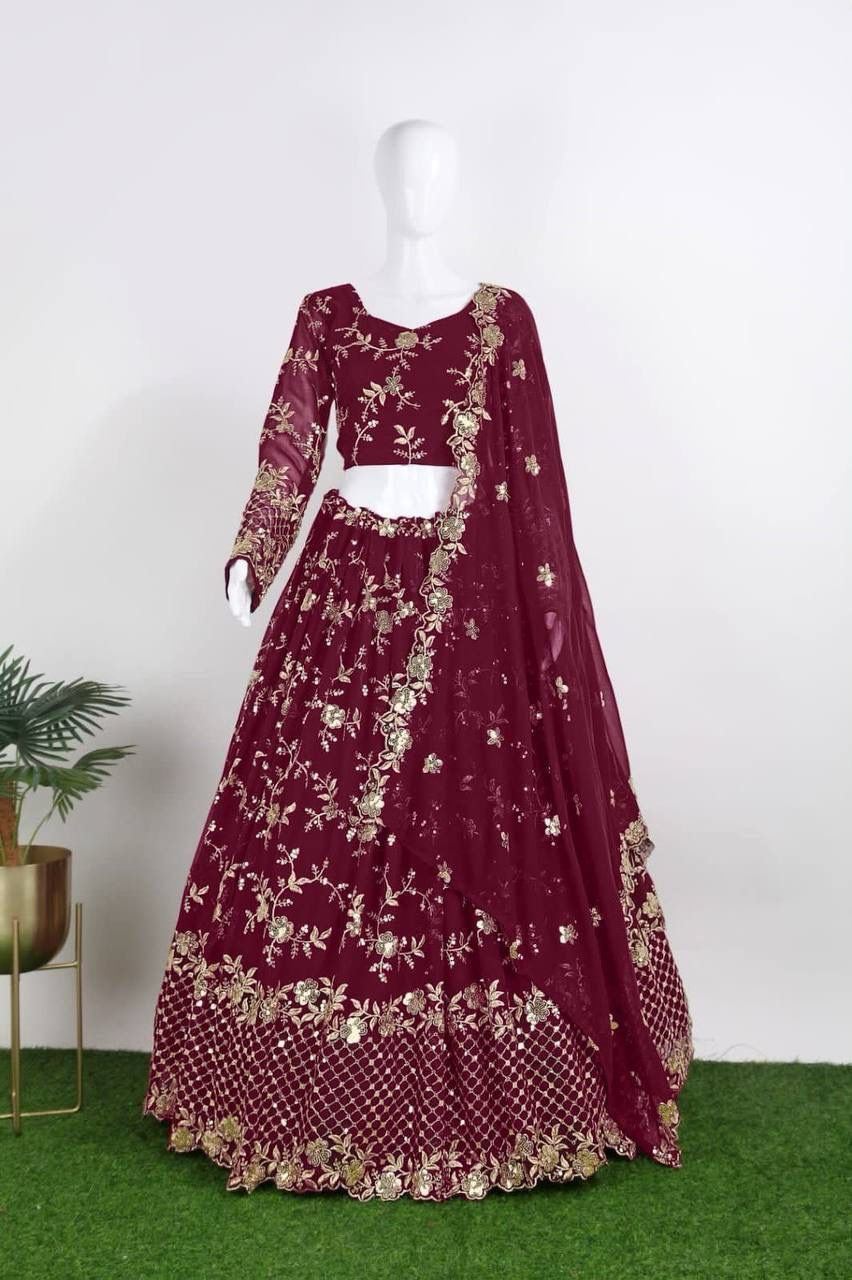 Appealing Maroon Color Designer Georgette Sequins Embroidered Lehenga Choli With Fancy Net Dupatta