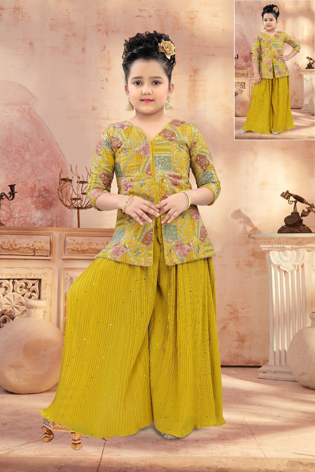 Charming Yellow Colored Coat Pant Palazzo Set For Kids 