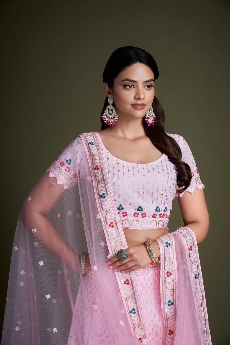 Pleasing Pink Georgette Sequins Work Lehenga In Chandler