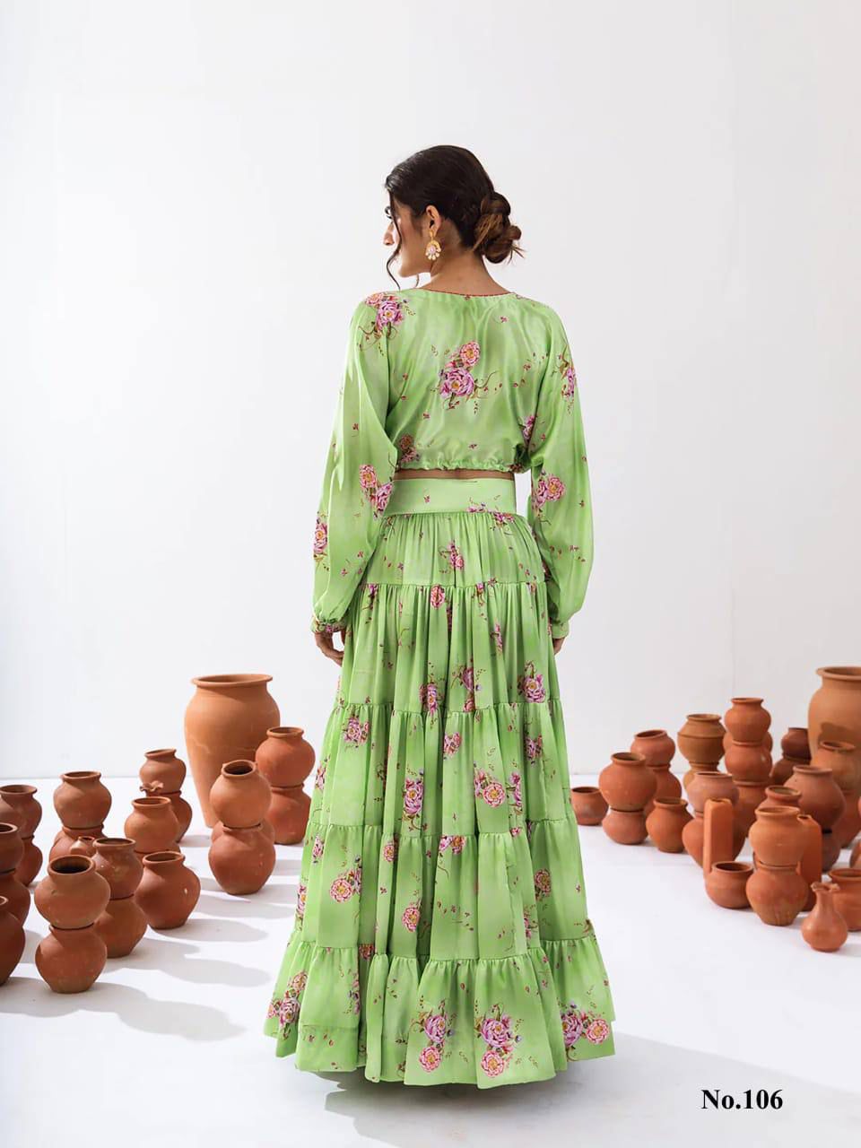 Dazzling Green Color Floral Printed Tier Lehenga With Crop Top