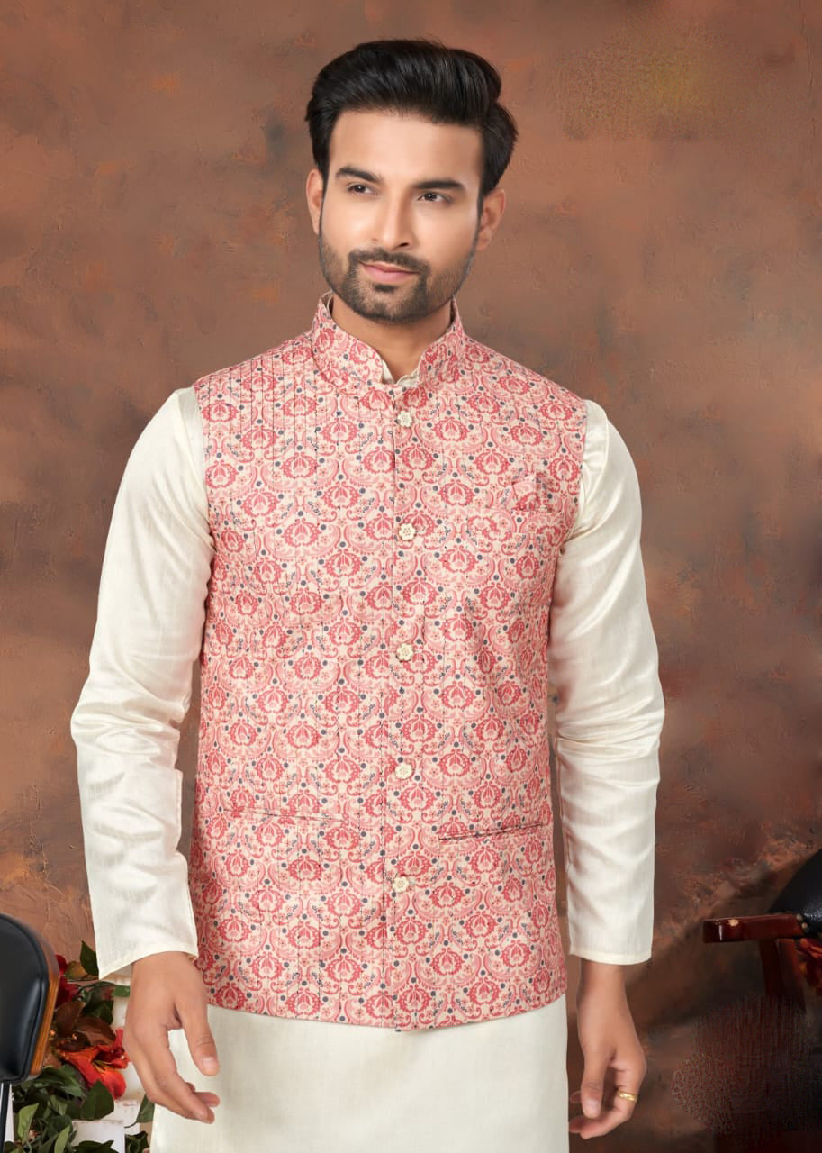Gorgeous Pink Color Silk Designer Kurta With Pajama Pant And Thread Sequins Work Jackets For Men Near Me
