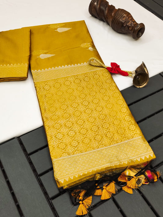 Traditional Yellow Color Mysore Silk Saree With Flower Motifs Zari Weaving Work And Fancy Tassels