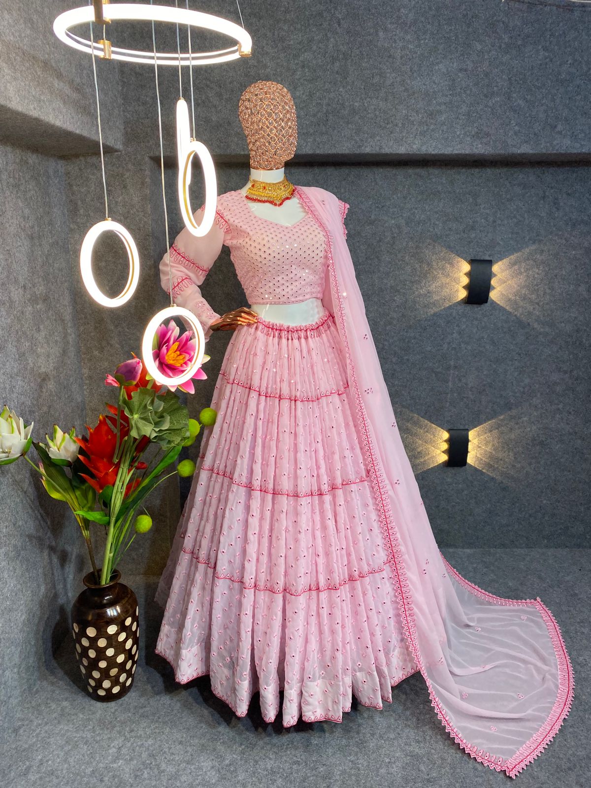 Fabulous Pink Color Embroidery Party Wear Georgette Lehenga Near Me