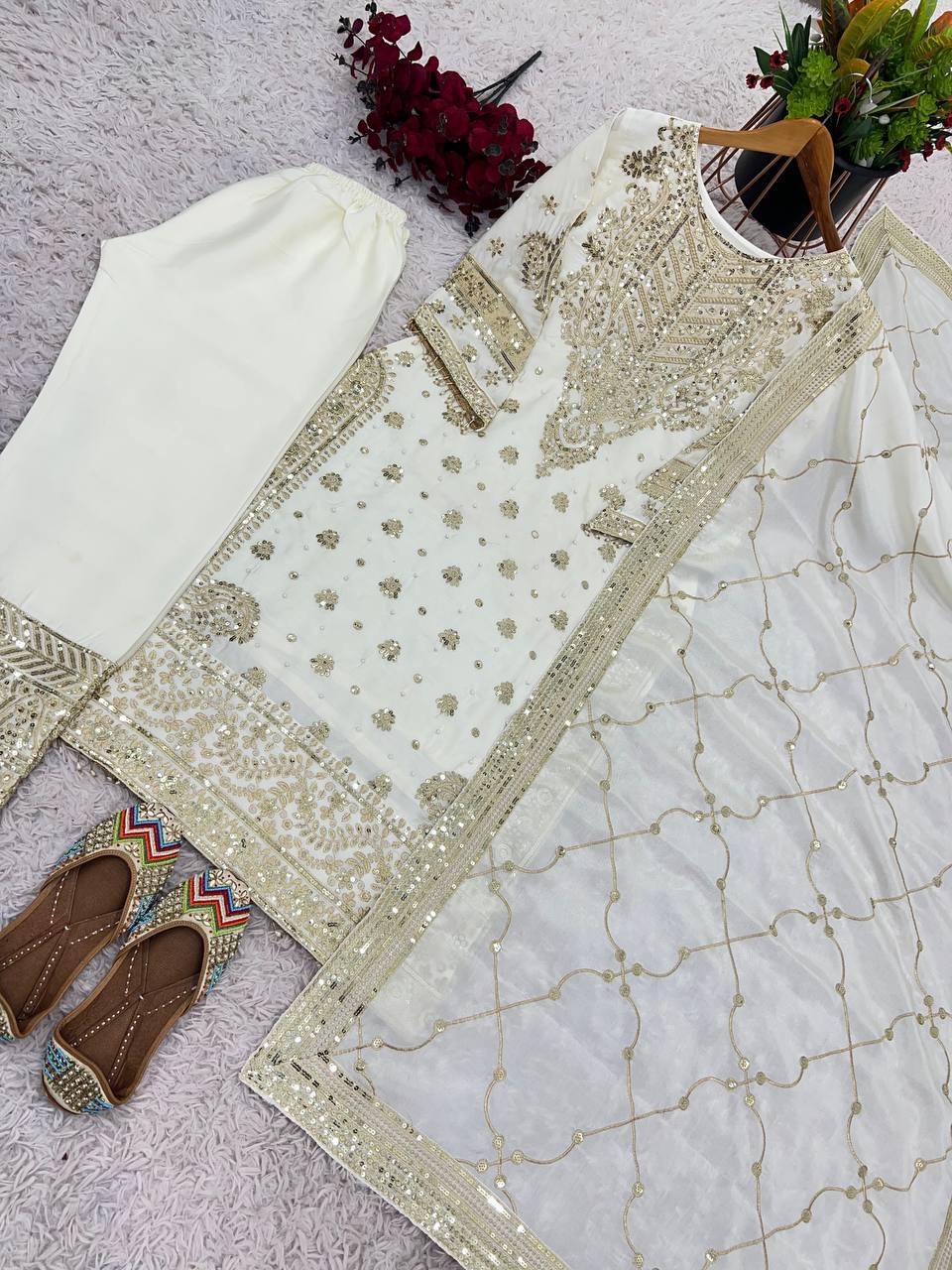 White Color Sequins Work Salwar Suits In Yuma