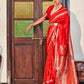 Appealing Red Color Banarasi Silk Saree With Mango Motifs For Women
