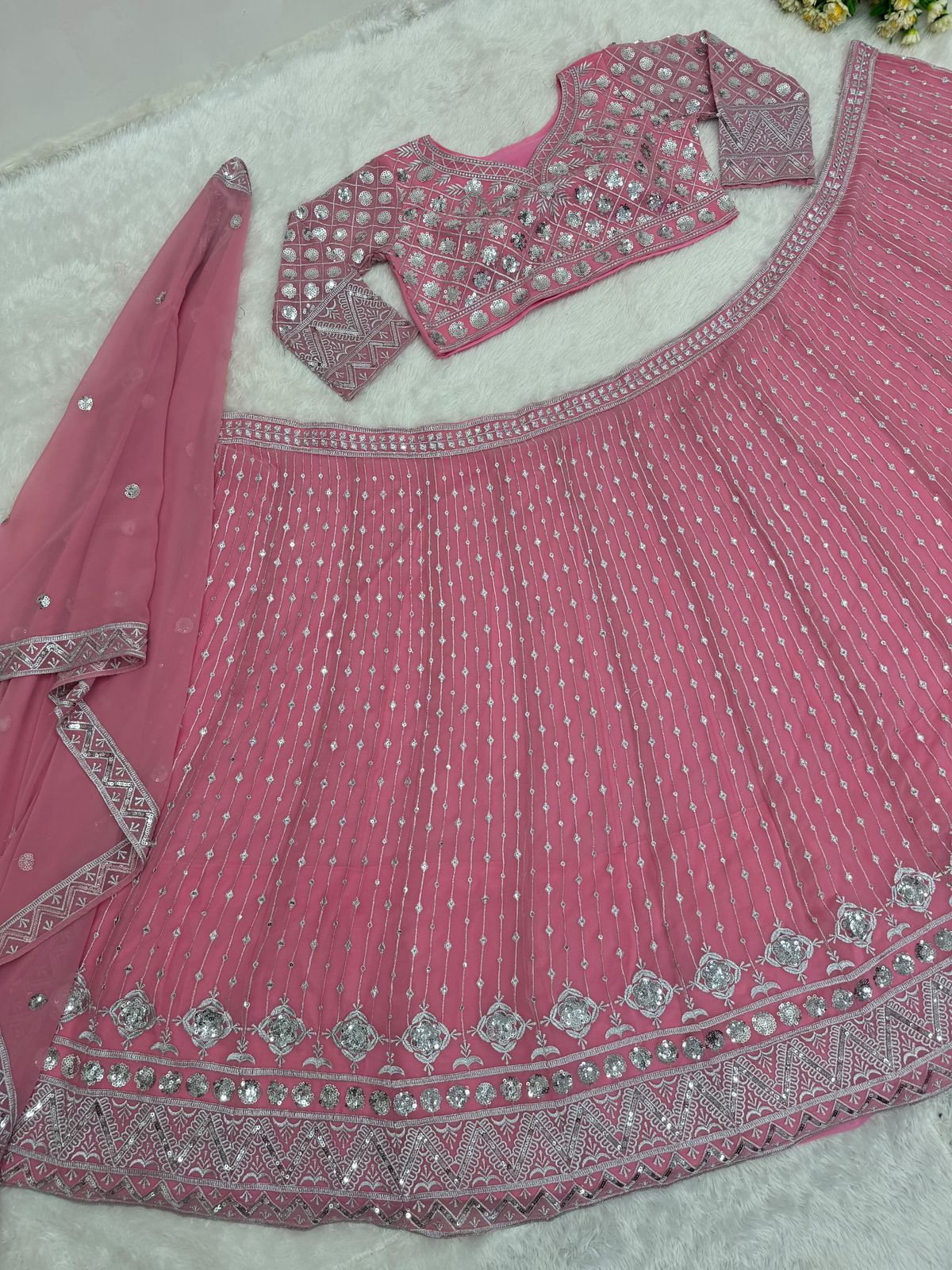 Embroidered Sequins Work Lehenga Choli With Dupatta In Sedona