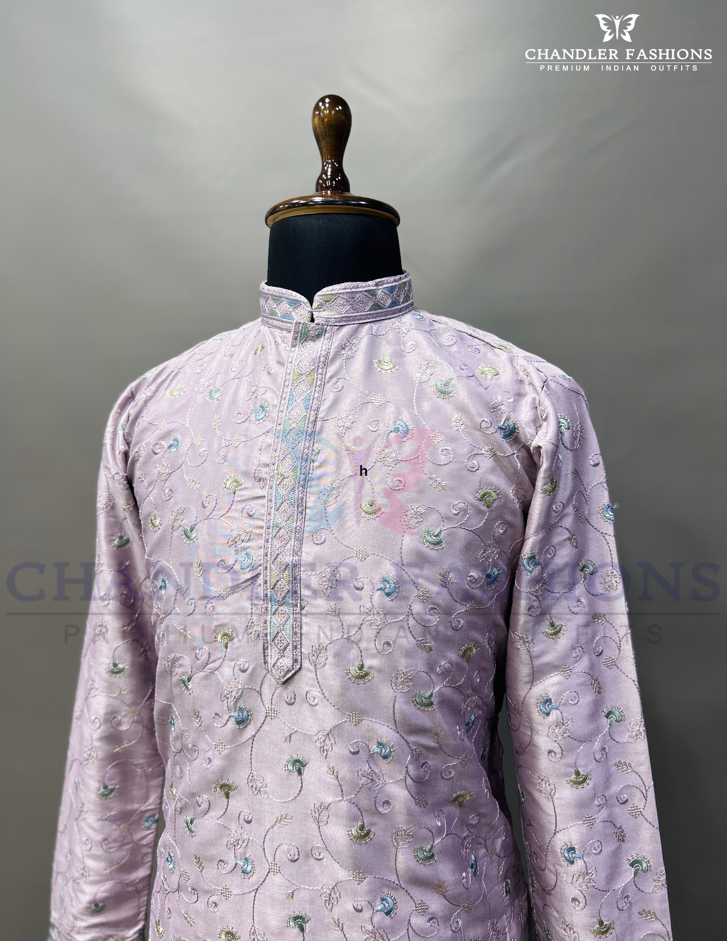 Elegant Light Purple Color Silk Kurta Suit With Multicolor Embroidery Work For Men