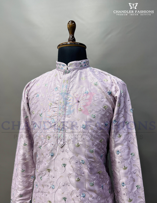 Elegant Light Purple Color Silk Silky Kurta Suit With Multicolor Embroidery Work For Men