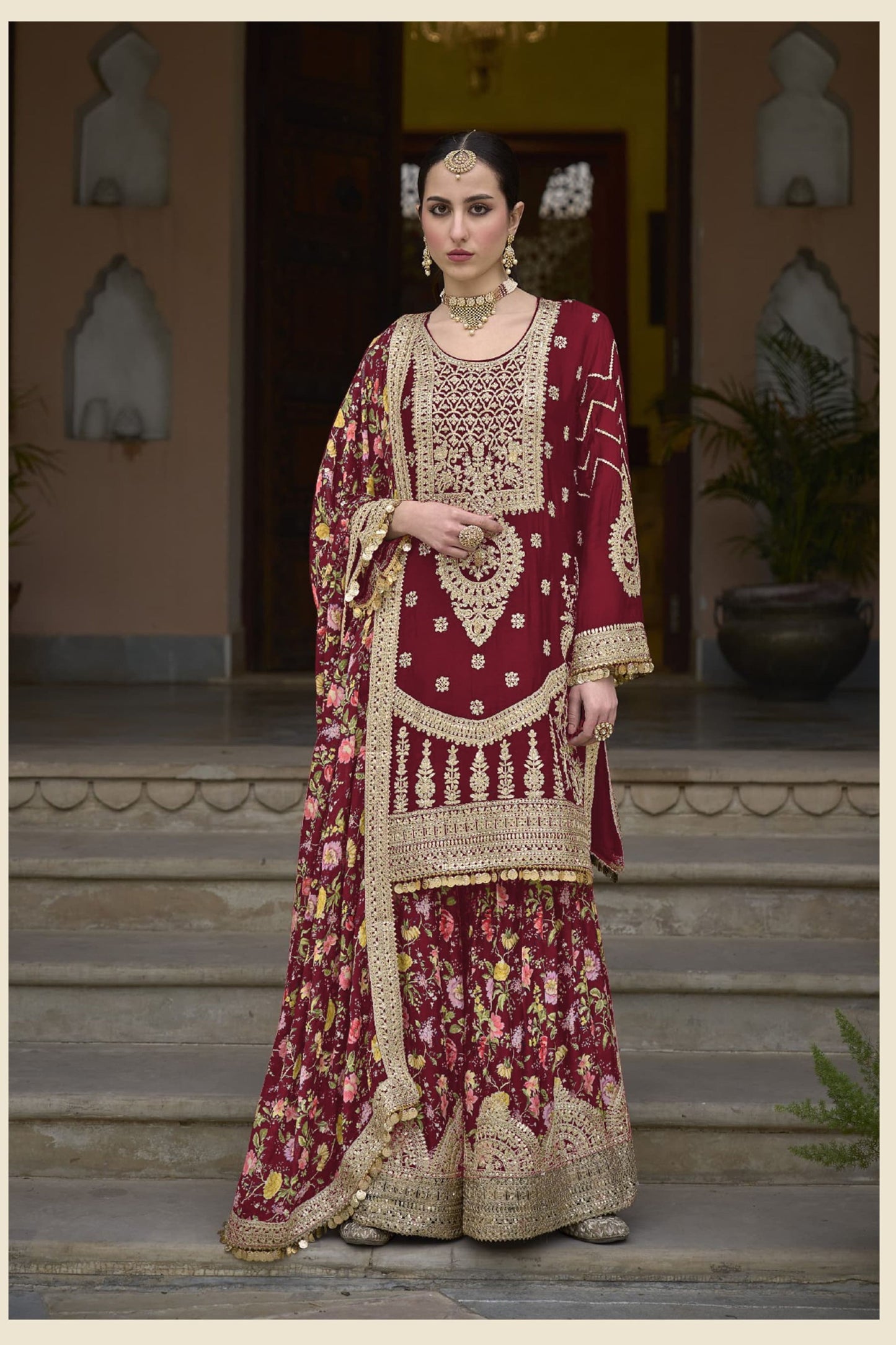 Attractive Maroon Color Heavy Chinon with Embroidery Work Sharara Suits With Dupatta For Women