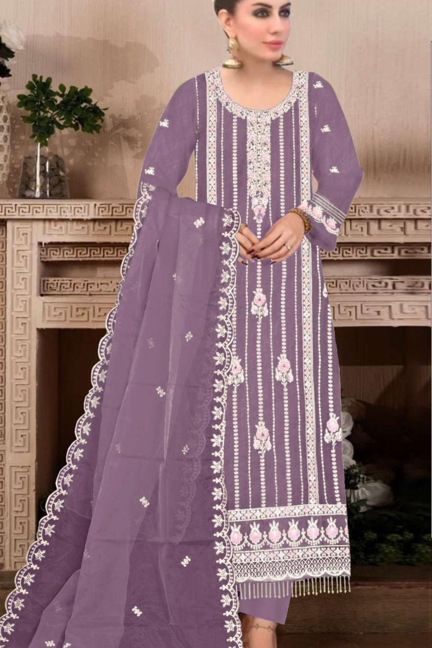 Alluring Purple Color Organza With Embroidery Work Suit For Women