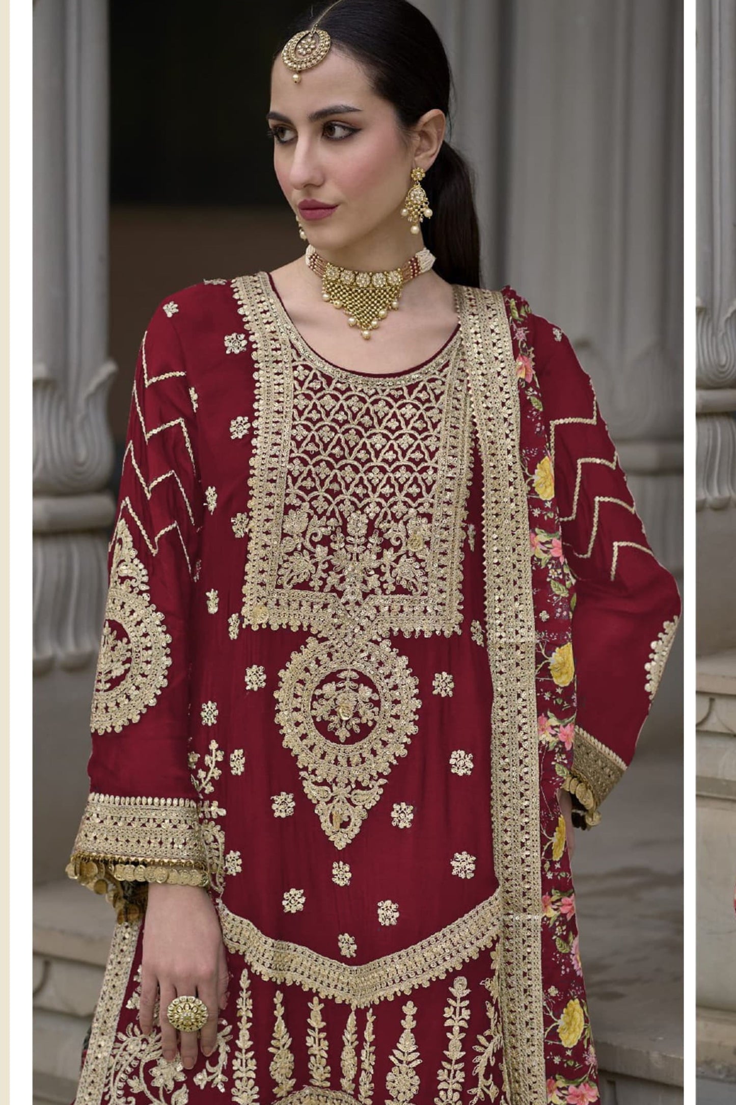 Maroon Color Heavy Chinon with Embroidery Work Sharara Suits With Dupatta For Women In USA