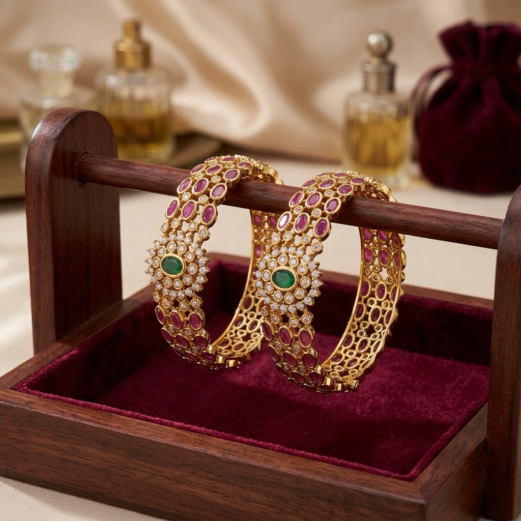 Traditional Pink And Green Crystal Gold Plated Bangles For Women