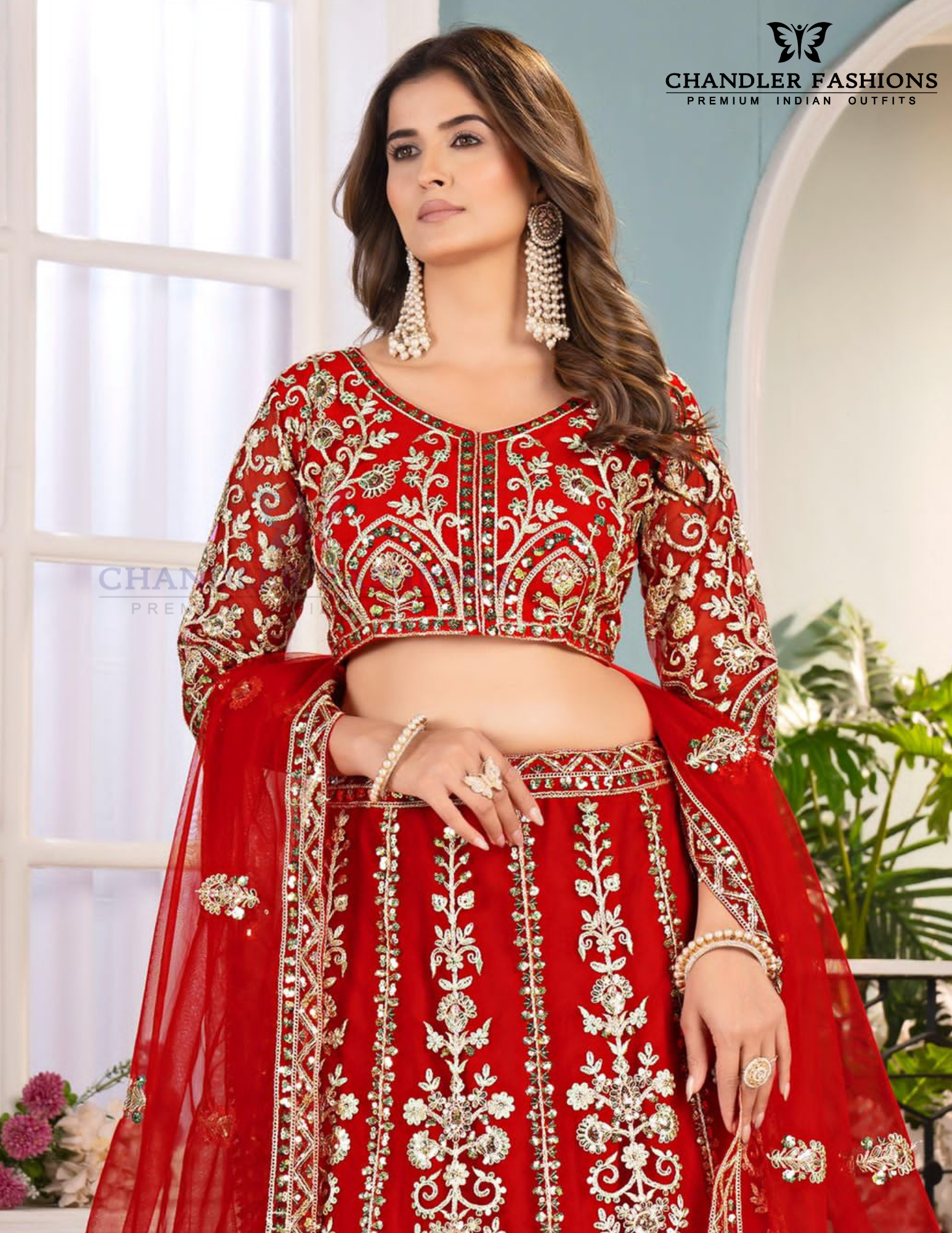 Attractive Red Color Butterfly Net With Embroidery And Sequins Work Lehenga In USA