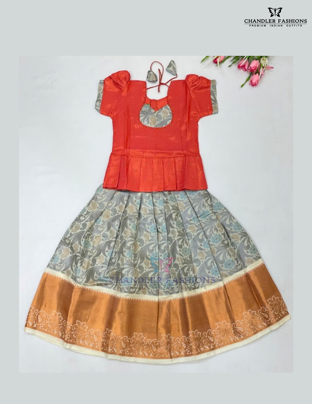 Alluring Orange And Grey Color Art Silk Langa Set With Stone Work For Girls