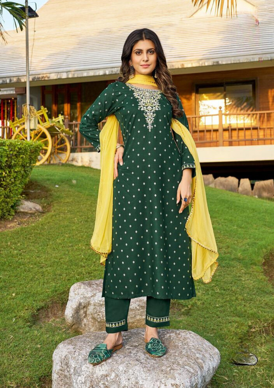 Dazzling Green Colored Embroidery Work Classy Foil Print Kurti With Dupatta Sets