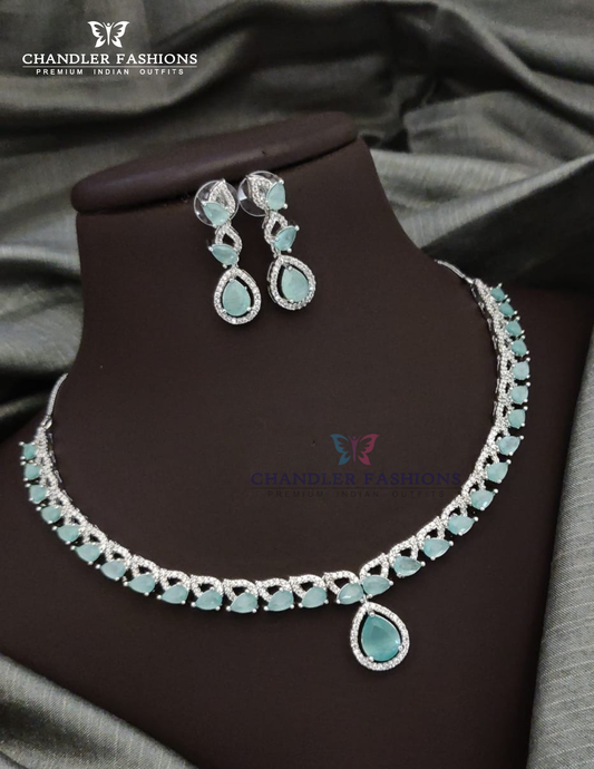 Amazing Blue And White Color Stone Embadded American Diamond Necklace With Earrings Set